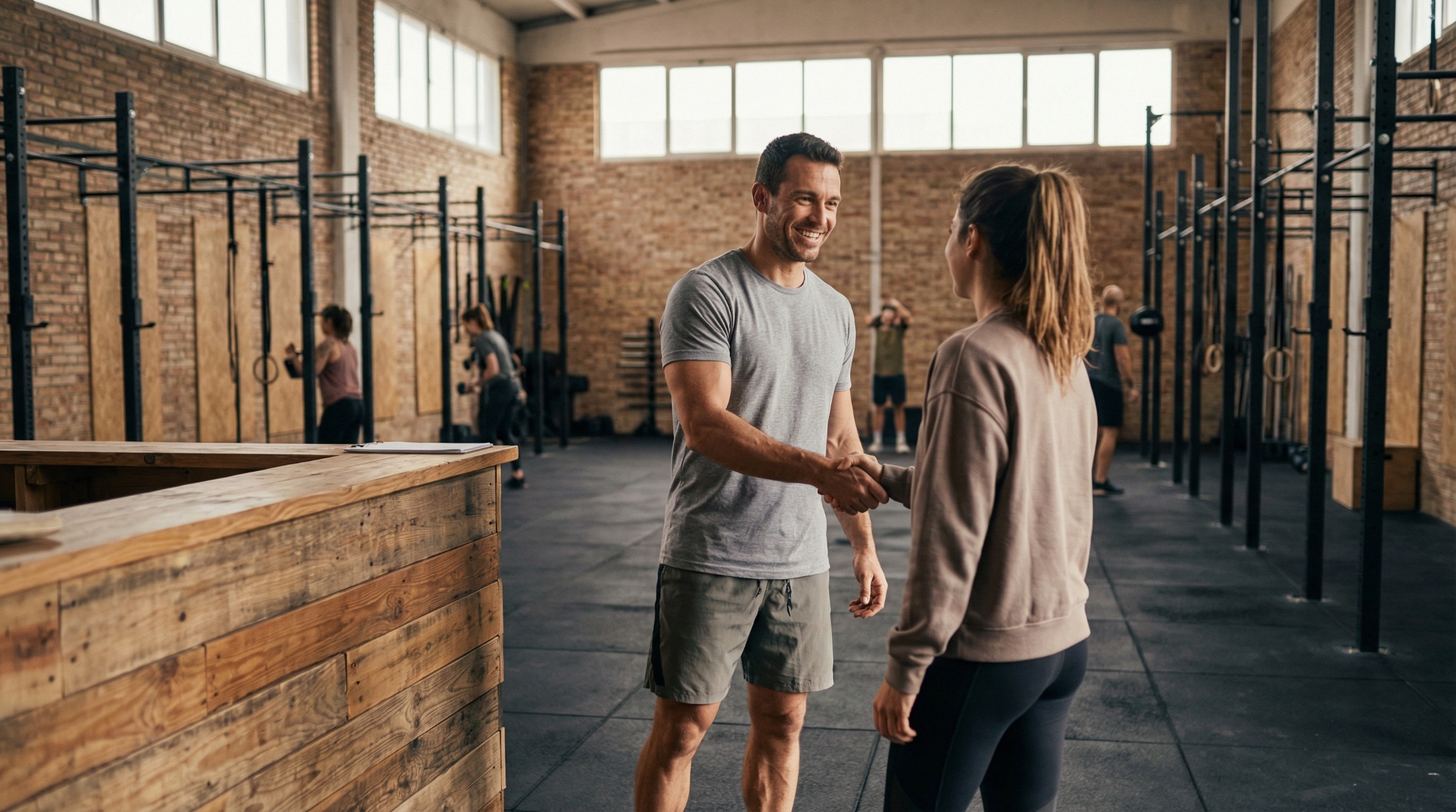 Coach dando bienvenida a nuevo socio en el box